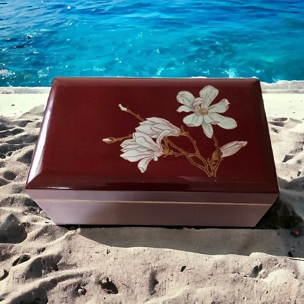 Otagiri Lacquerware Jewelry Box Magnolia Japan Musical Mirror Felt VIDEO Vtg 80s